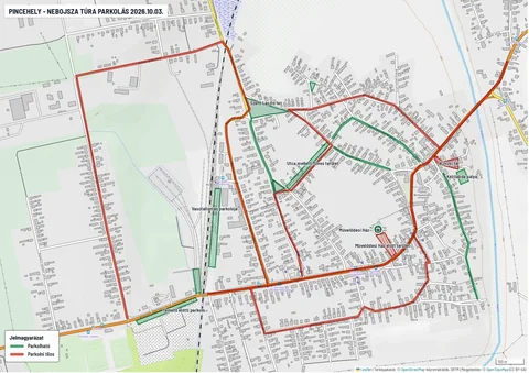 Parkolási tájékoztató térkép, 2026. október 3. — zöld: parkolható, piros: parkolni tilos
